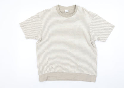 ZARA Men's Beige Striped Cotton Short Sleeve Regular Fit T-Shirt M