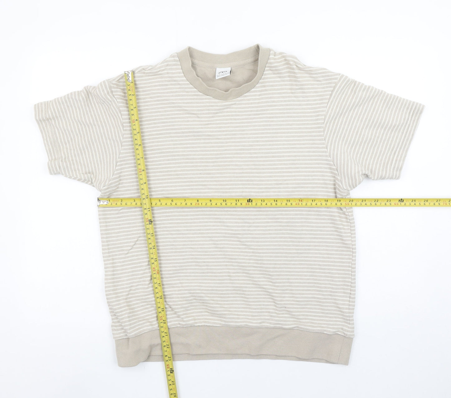 ZARA Men's Beige Striped Cotton Short Sleeve Regular Fit T-Shirt M