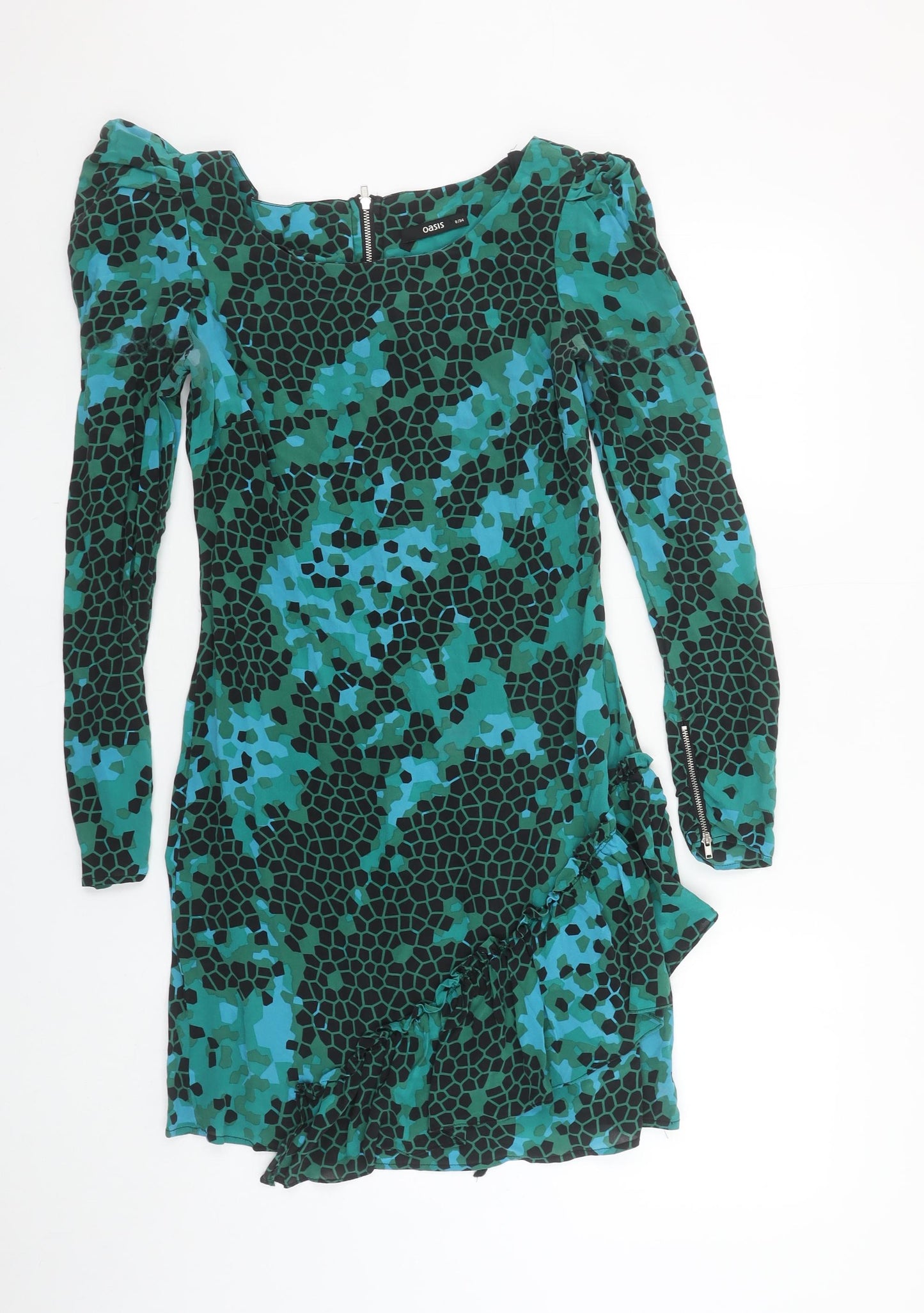 Oasis Women Green Geometric Silk Asymmetric Dress Size 8