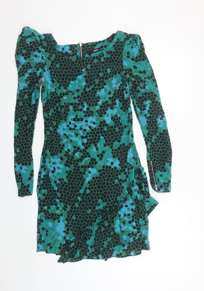 Oasis Women Green Geometric Silk Asymmetric Dress Size 8