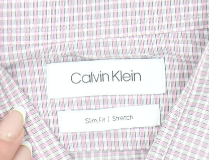 Calvin Klein Men’s Pink Slim Fit Stretch Check Shirt Size L 16” Collar