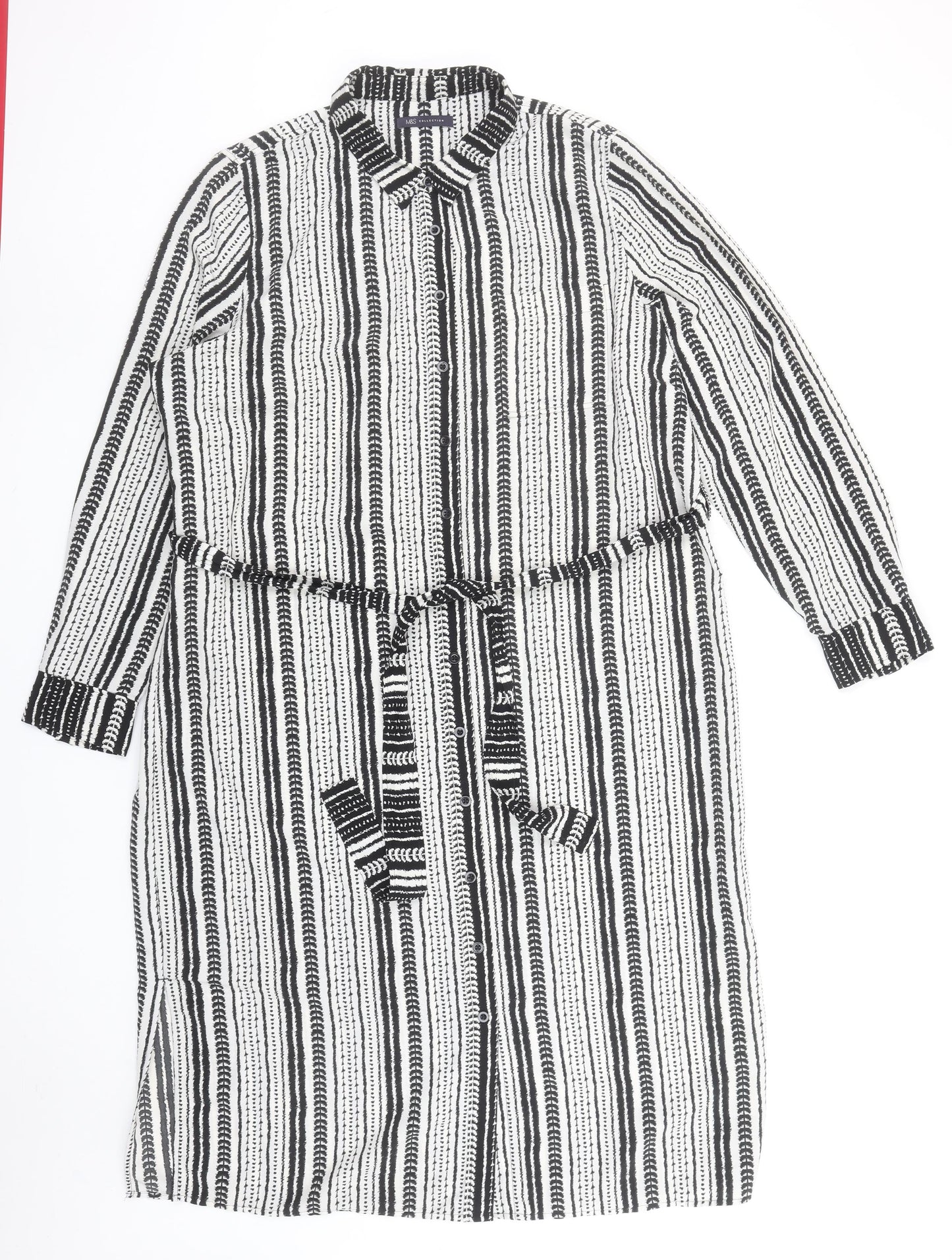 Marks and Spencer Women’s Black Striped Shirt Dress Size 18 Belted Long Sleeve