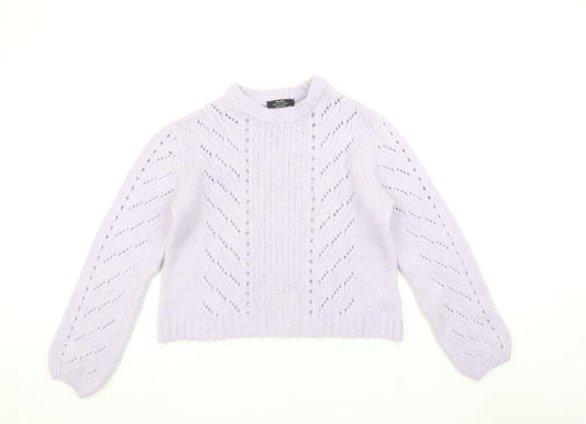 Bershka Women’s Purple Mock Neck Open-Knit Jumper Size 12