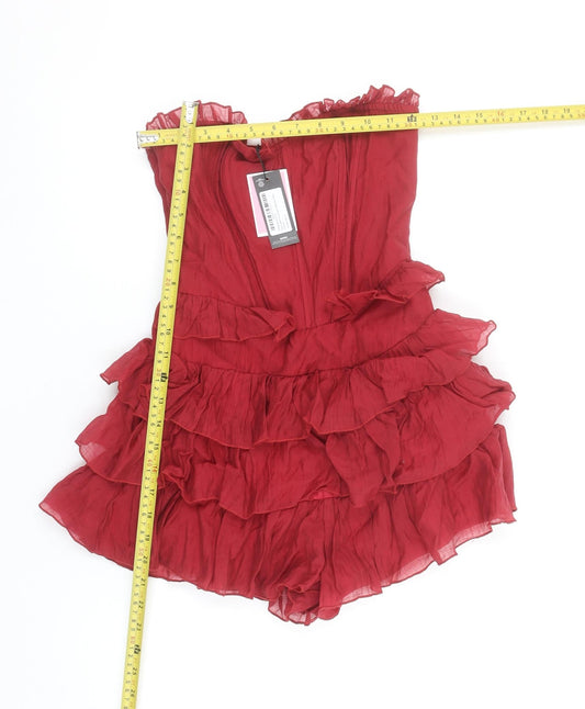 PrettyLittleThing Women Red Strapless Ruffle Layered Playsuit UK 4