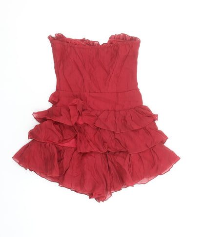 PrettyLittleThing Women Red Strapless Ruffle Layered Playsuit UK 4