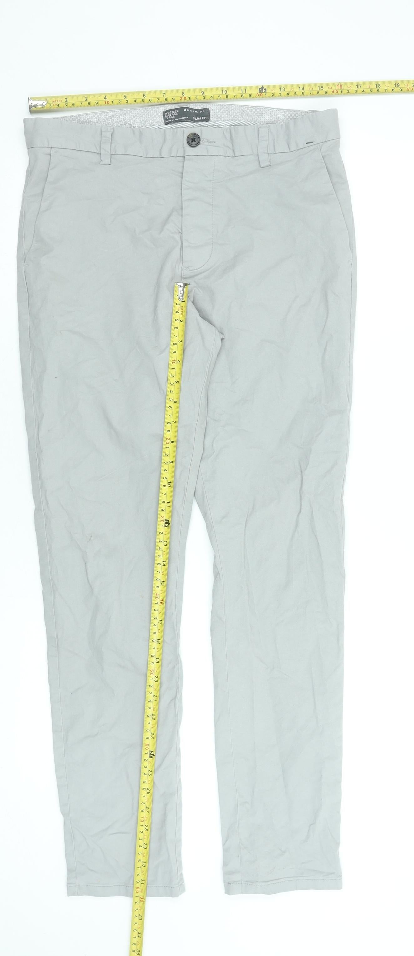 Denim Co. Men's Grey Slim Fit Chino Trousers 32W 32L