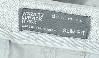 Denim Co. Men's Grey Slim Fit Chino Trousers 32W 32L