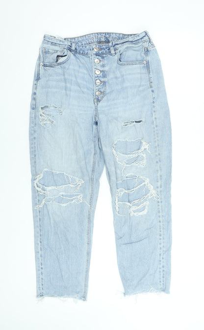 American Eagle Womens Blue Distressed High Rise Mom Jeans Size 12