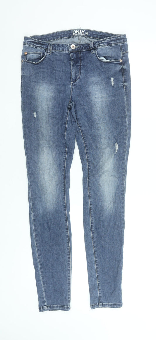 ONLY Women's Blue Skinny Stretch Jeans Size 12 Mid Rise Distressed