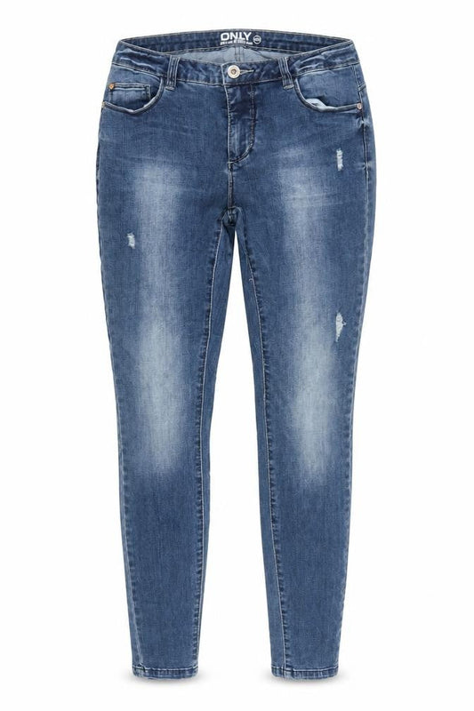 Front view of Only Women's Blue Skinny Stretch Jeans, size 12, Mid Rise Distressed