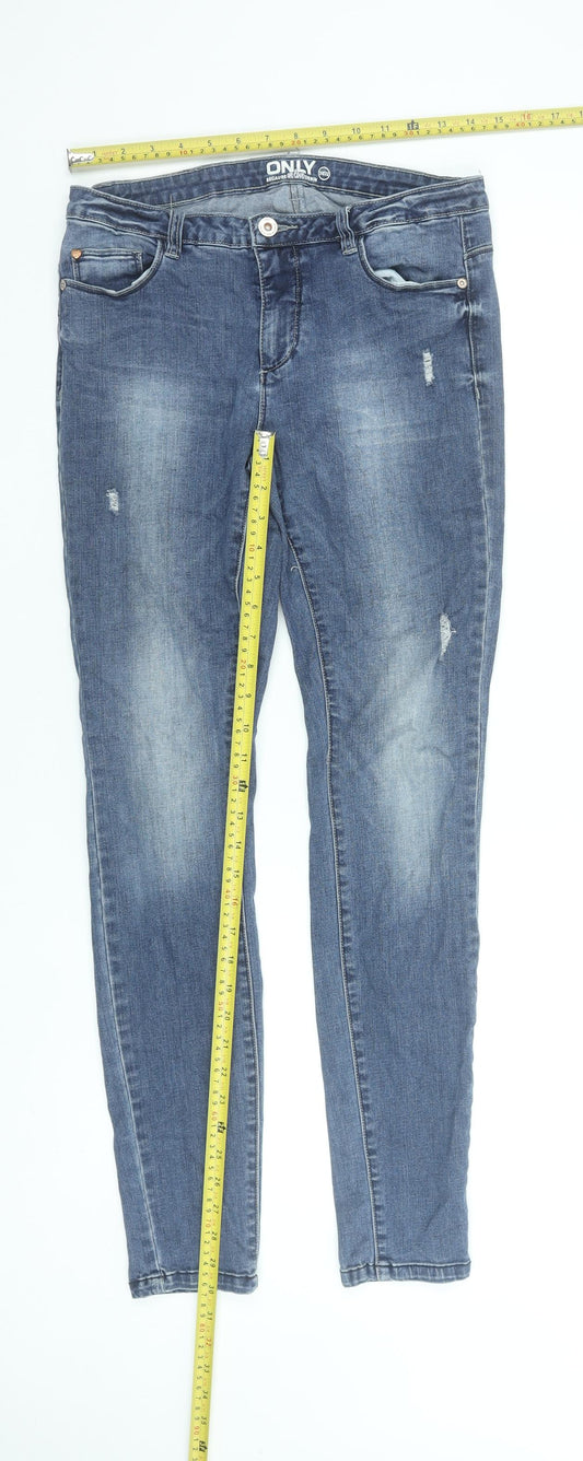 ONLY Women's Blue Skinny Stretch Jeans Size 12 Mid Rise Distressed