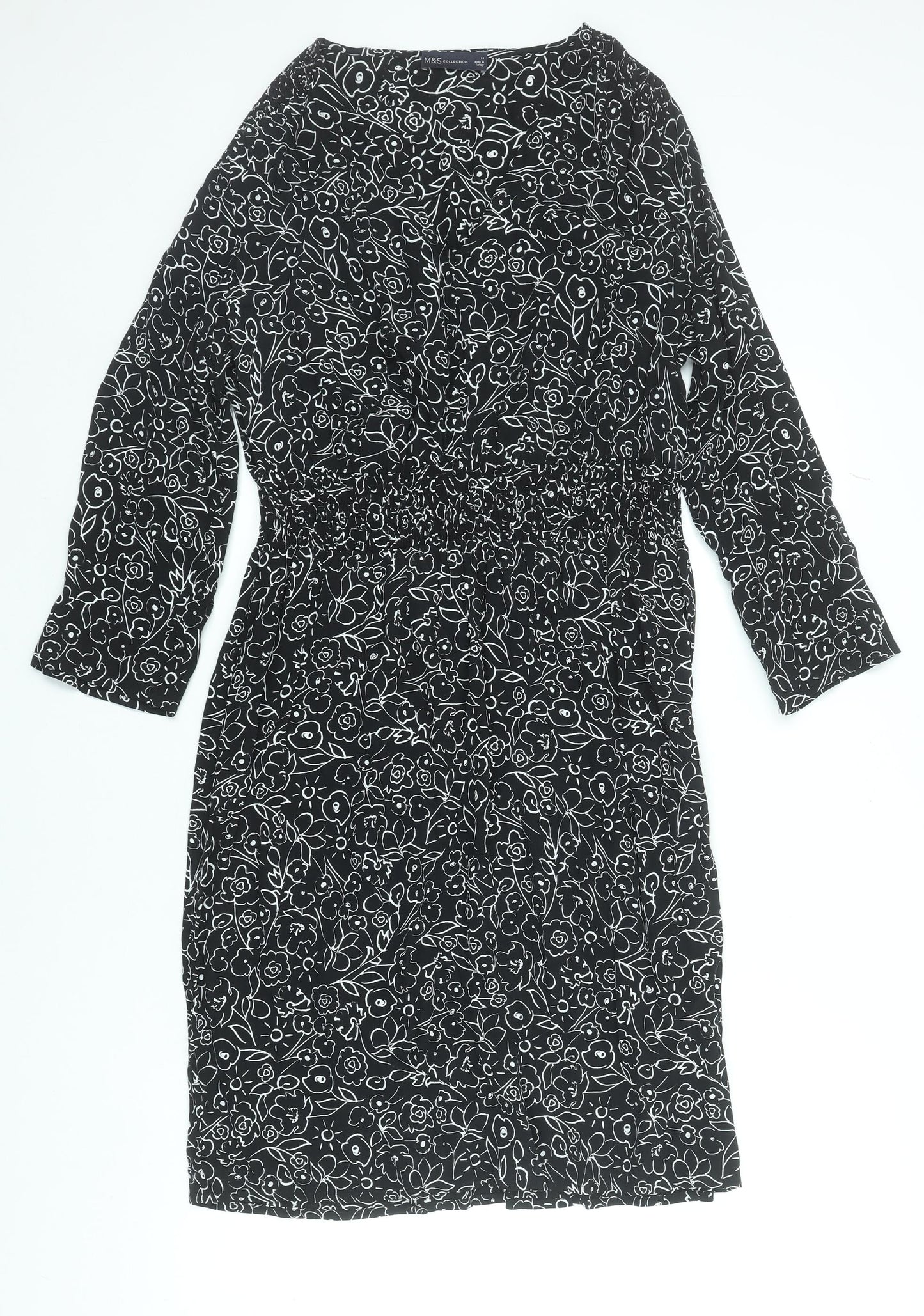 Marks and Spencer Women’s Black Floral Shift Dress Size 14 Long Sleeve