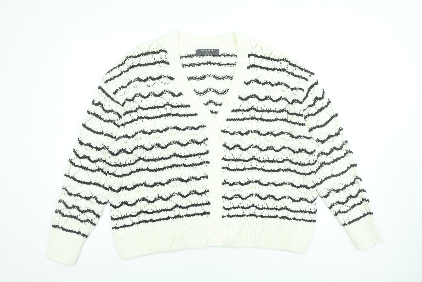 Primark Women’s Ivory Black Striped V-Neck Knit Cardigan XL