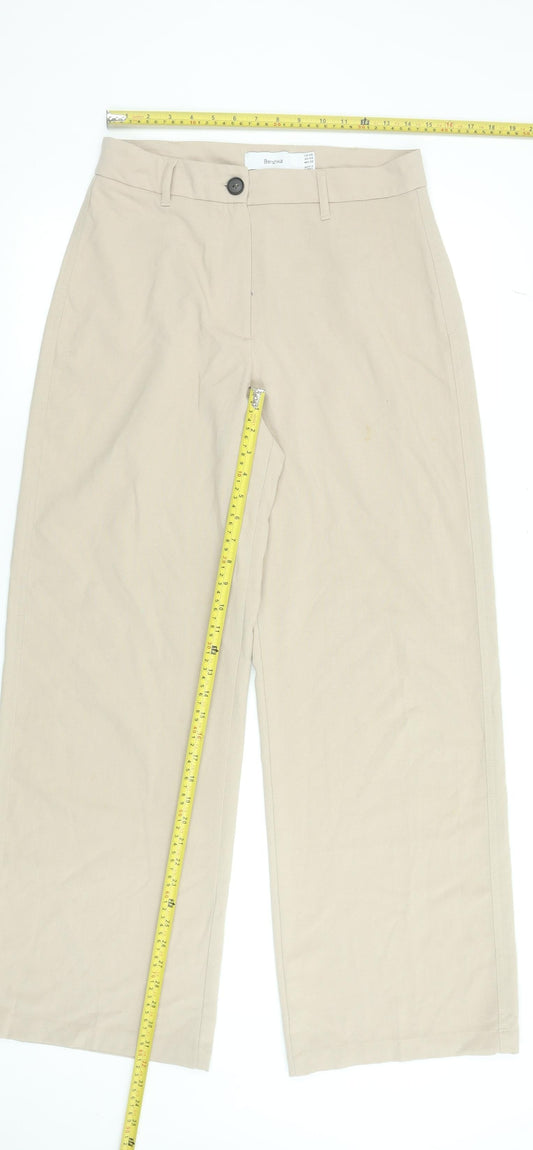 Bershka Women's Beige Wide-Leg Trousers Size 12 Cotton Blend