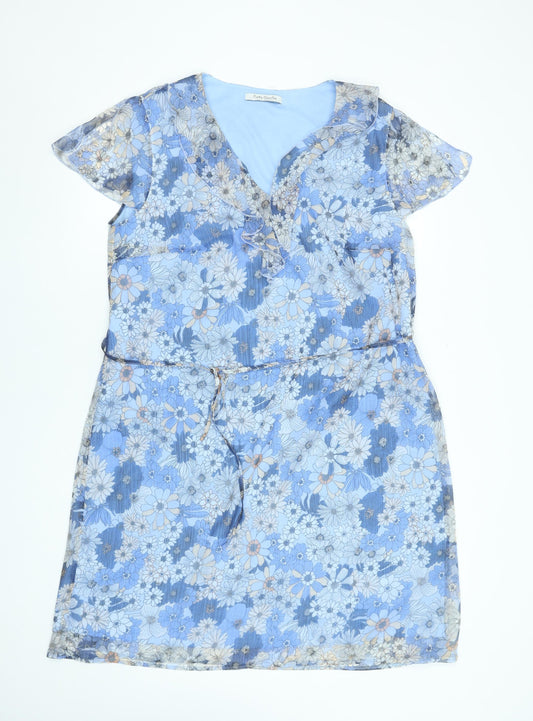 Betty Barclay Womens Blue Floral V-Neck Belted Shift Dress Size 18