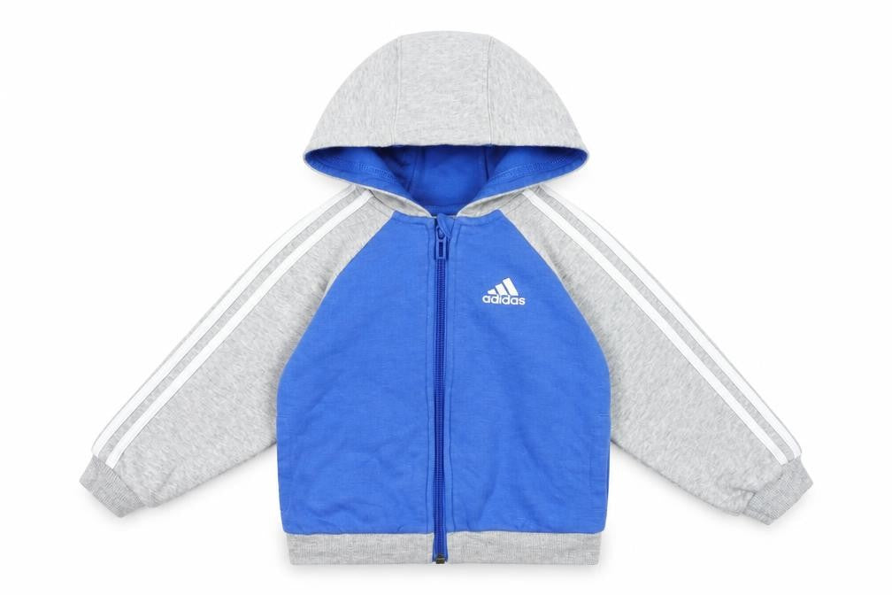 Front view of Adidas unisex baby blue & grey hooded track jacket 12-18 months full zip