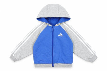 Front view of Adidas unisex baby blue & grey hooded track jacket 12-18 months full zip