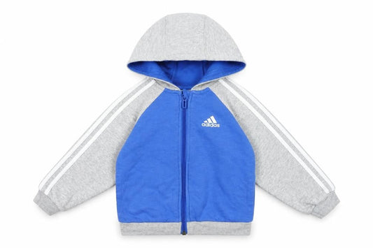 Front view of Adidas unisex baby blue & grey hooded track jacket 12-18 months full zip