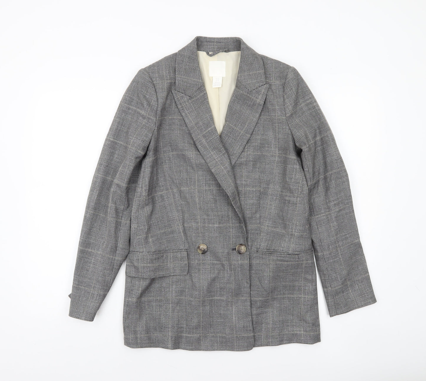 H&M Women Grey Checked Double-Breasted Blazer XS UK 6 Classic Wool Look