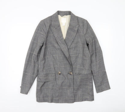 H&M Women Grey Checked Double-Breasted Blazer XS UK 6 Classic Wool Look