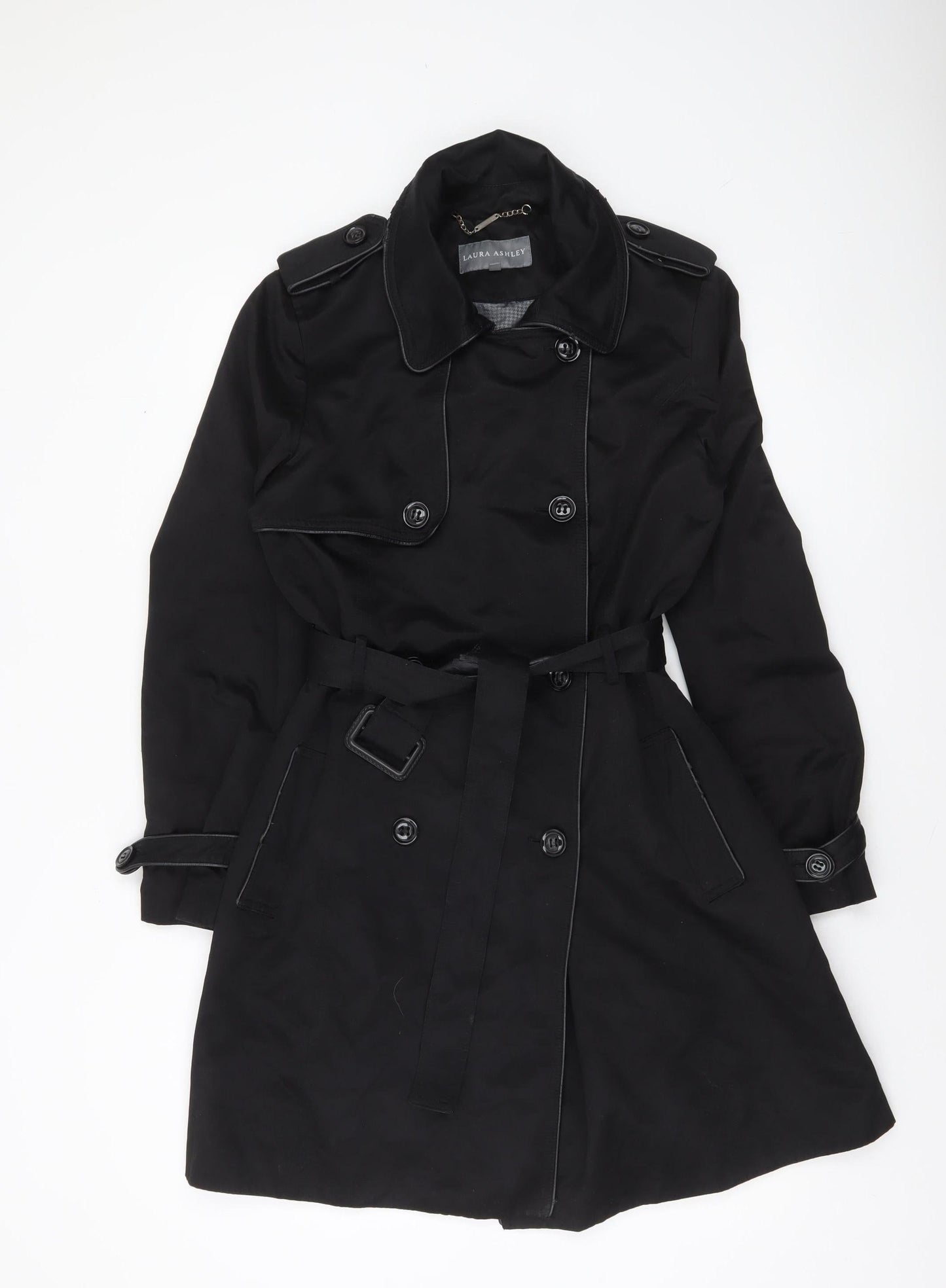 Laura Ashley Women's Black Trench Coat Size 12 Belted Mid-Length Classic Style