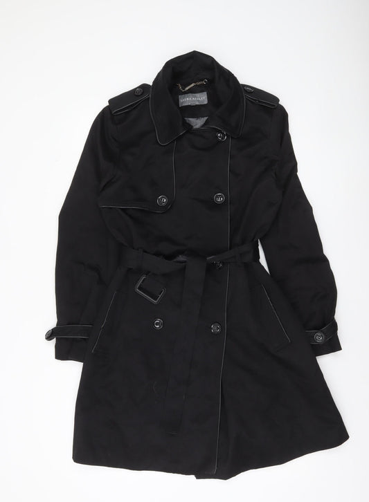 Laura Ashley Women's Black Trench Coat Size 12 Belted Mid-Length Classic Style