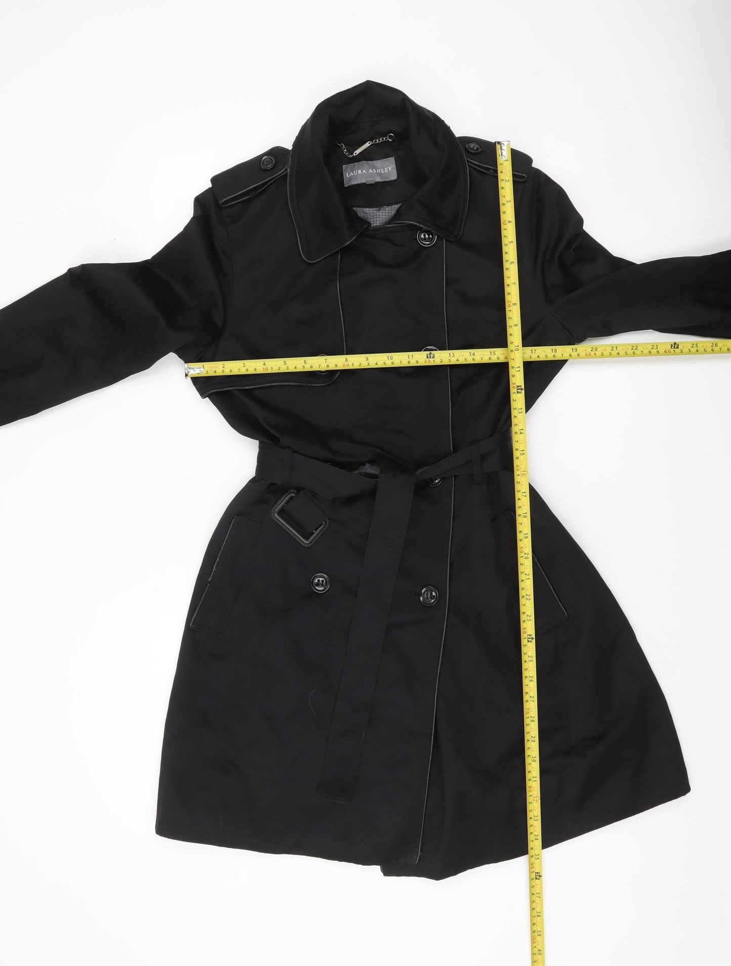 Laura Ashley Women's Black Trench Coat Size 12 Belted Mid-Length Classic Style