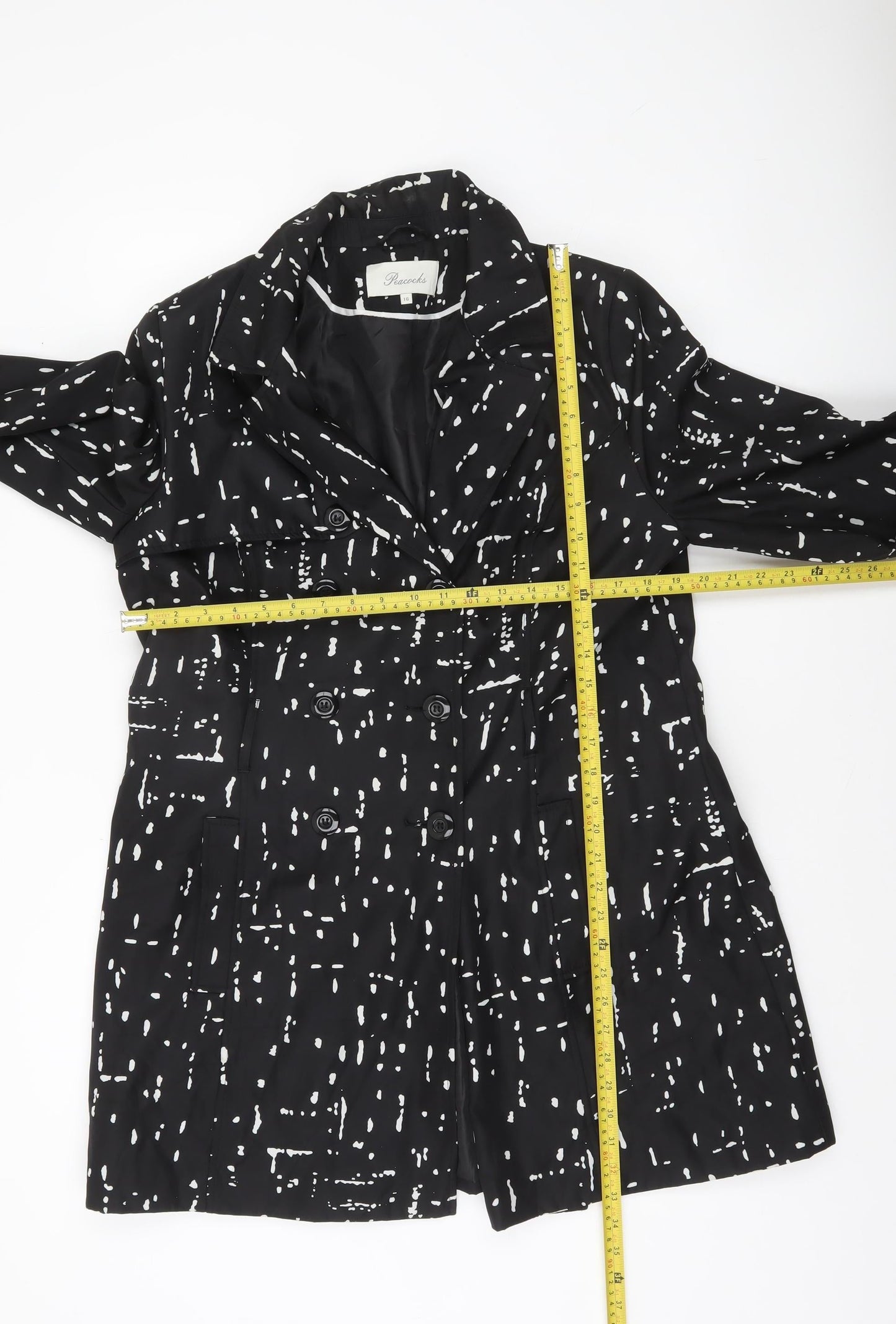 Peacocks Women's Black White Patterned Trench Coat Size 16
