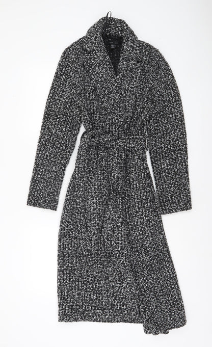 New Look Women’s Black Tweed Belted Long Wool Blend Coat Size 6