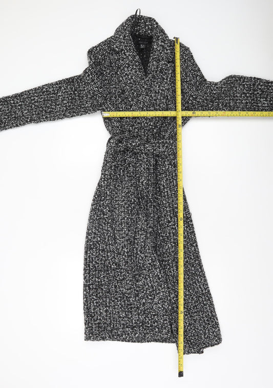 New Look Women’s Black Tweed Belted Long Wool Blend Coat Size 6