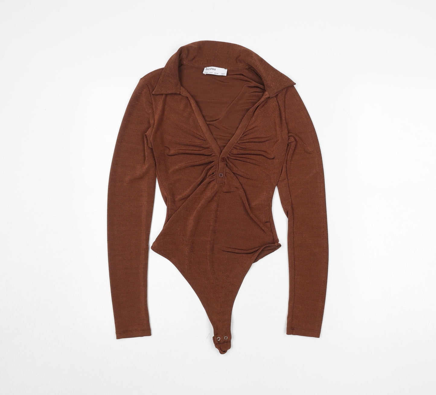 Bershka Women Brown Long Sleeve Collared Bodysuit Size 8