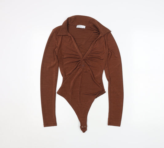 Bershka Women Brown Long Sleeve Collared Bodysuit Size 8