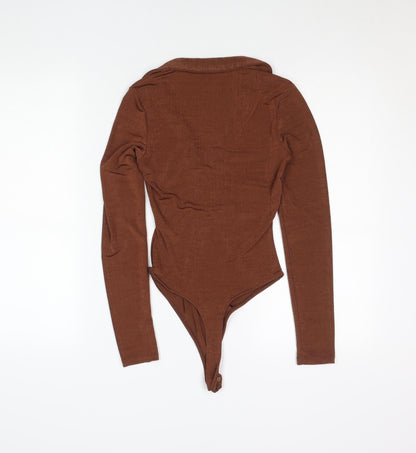 Bershka Women Brown Long Sleeve Collared Bodysuit Size 8