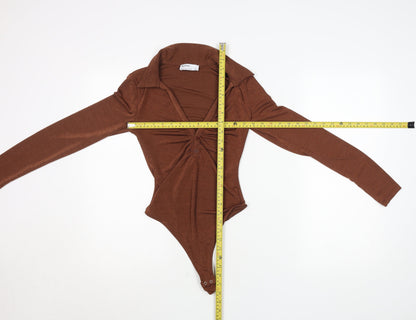 Bershka Women Brown Long Sleeve Collared Bodysuit Size 8