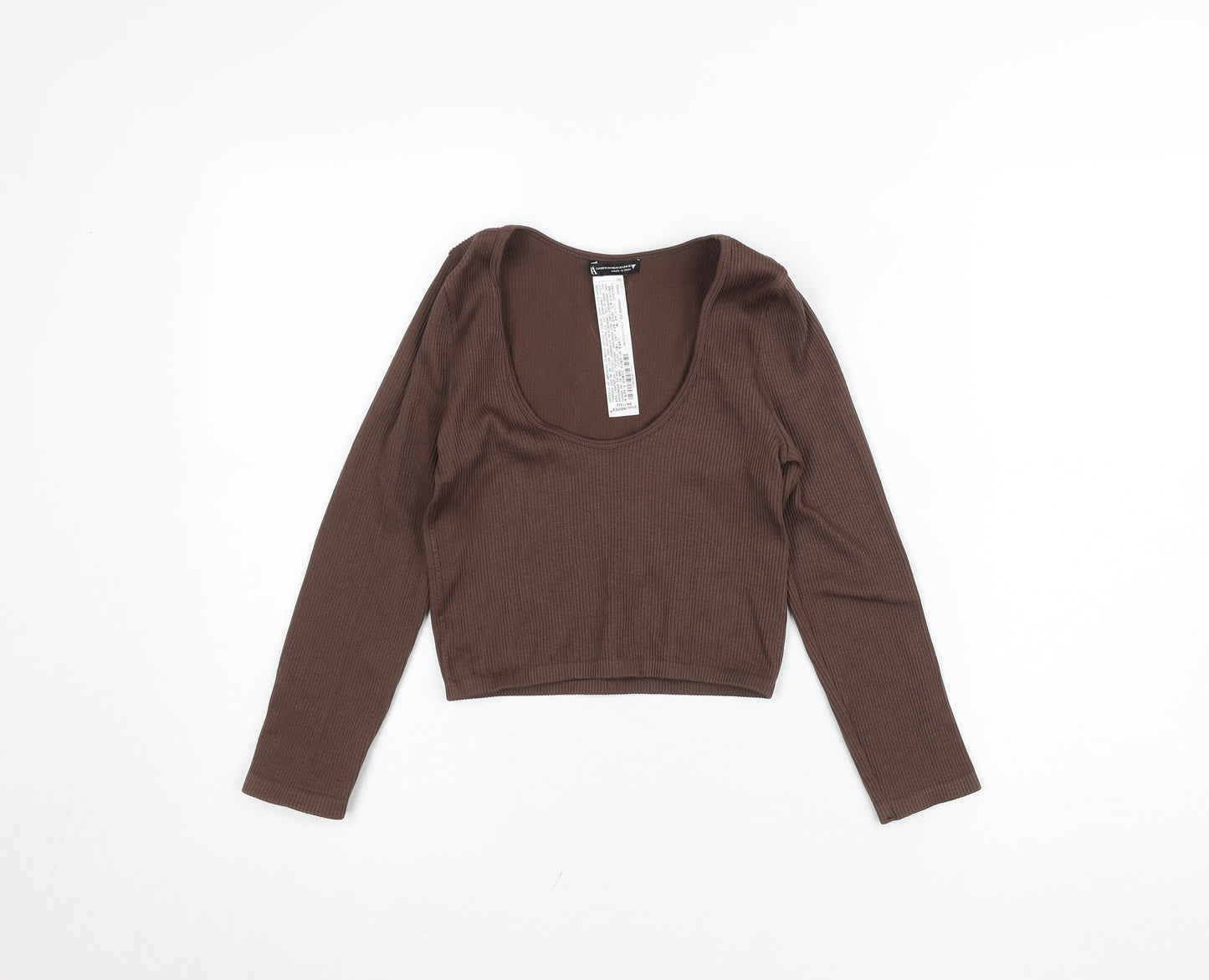 Bershka Women’s Brown Ribbed Cropped Long Sleeve Top XS