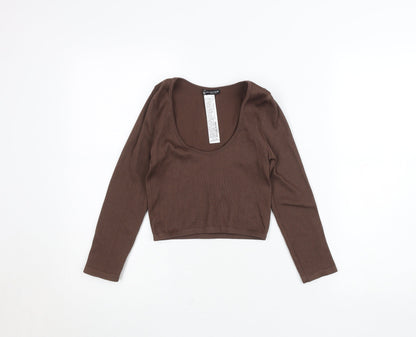 Bershka Women’s Brown Ribbed Cropped Long Sleeve Top XS