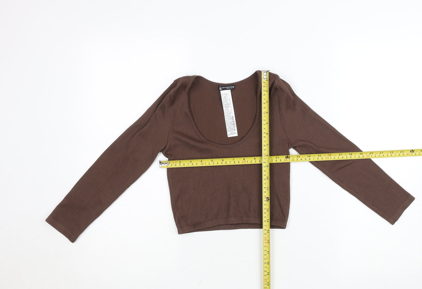 Bershka Women’s Brown Ribbed Cropped Long Sleeve Top XS