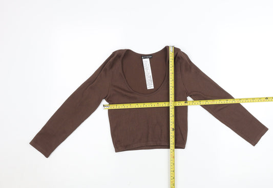 Bershka Women’s Brown Ribbed Cropped Long Sleeve Top XS