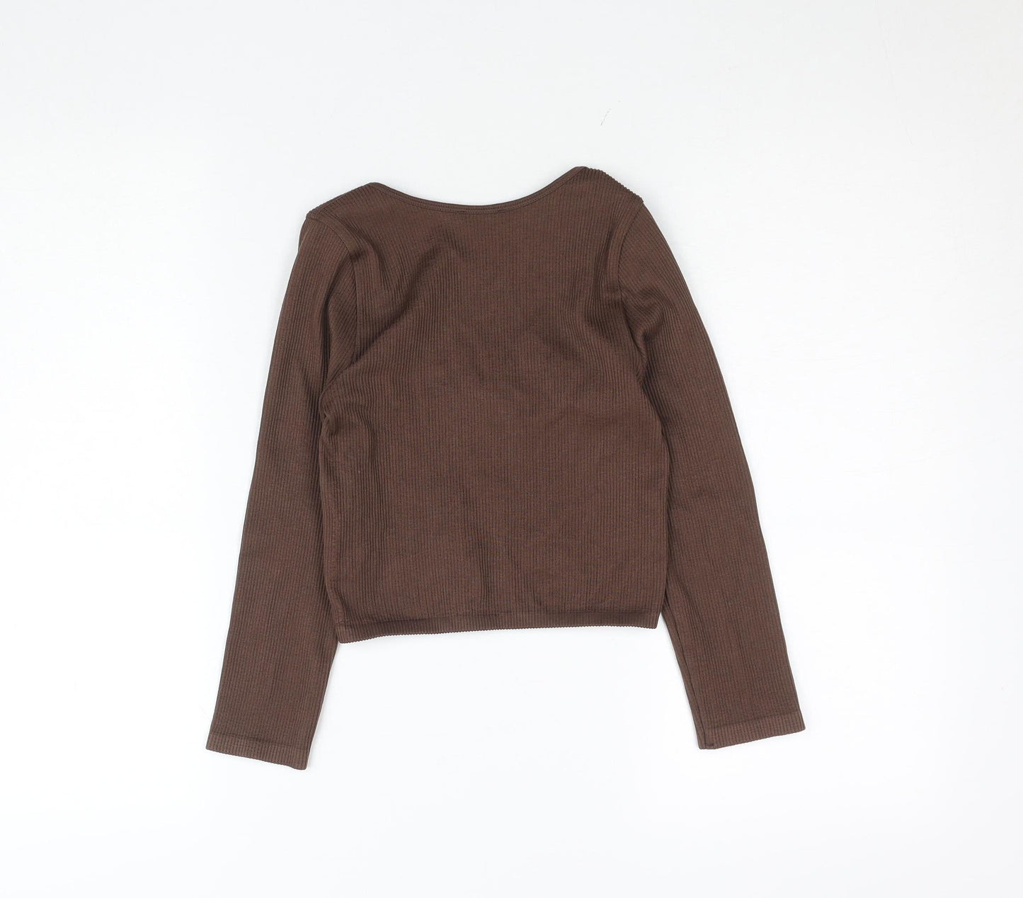 Bershka Women’s Brown Ribbed Cropped Long Sleeve Top XS