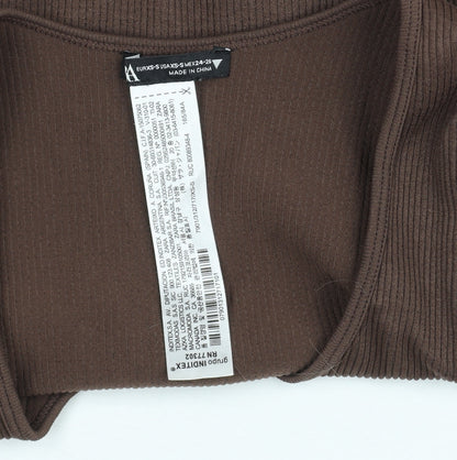 Bershka Women’s Brown Ribbed Cropped Long Sleeve Top XS