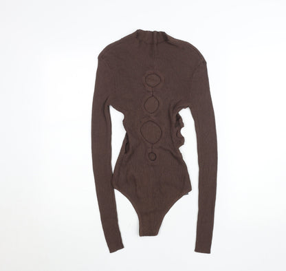 PrettyLittleThing Women Brown Long Sleeve Cut Out Ribbed Bodysuit Size S
