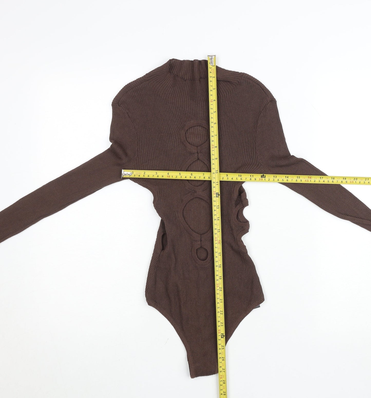 PrettyLittleThing Women Brown Long Sleeve Cut Out Ribbed Bodysuit Size S