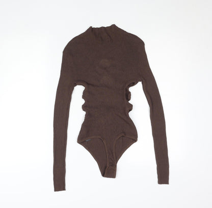 PrettyLittleThing Women Brown Long Sleeve Cut Out Ribbed Bodysuit Size S