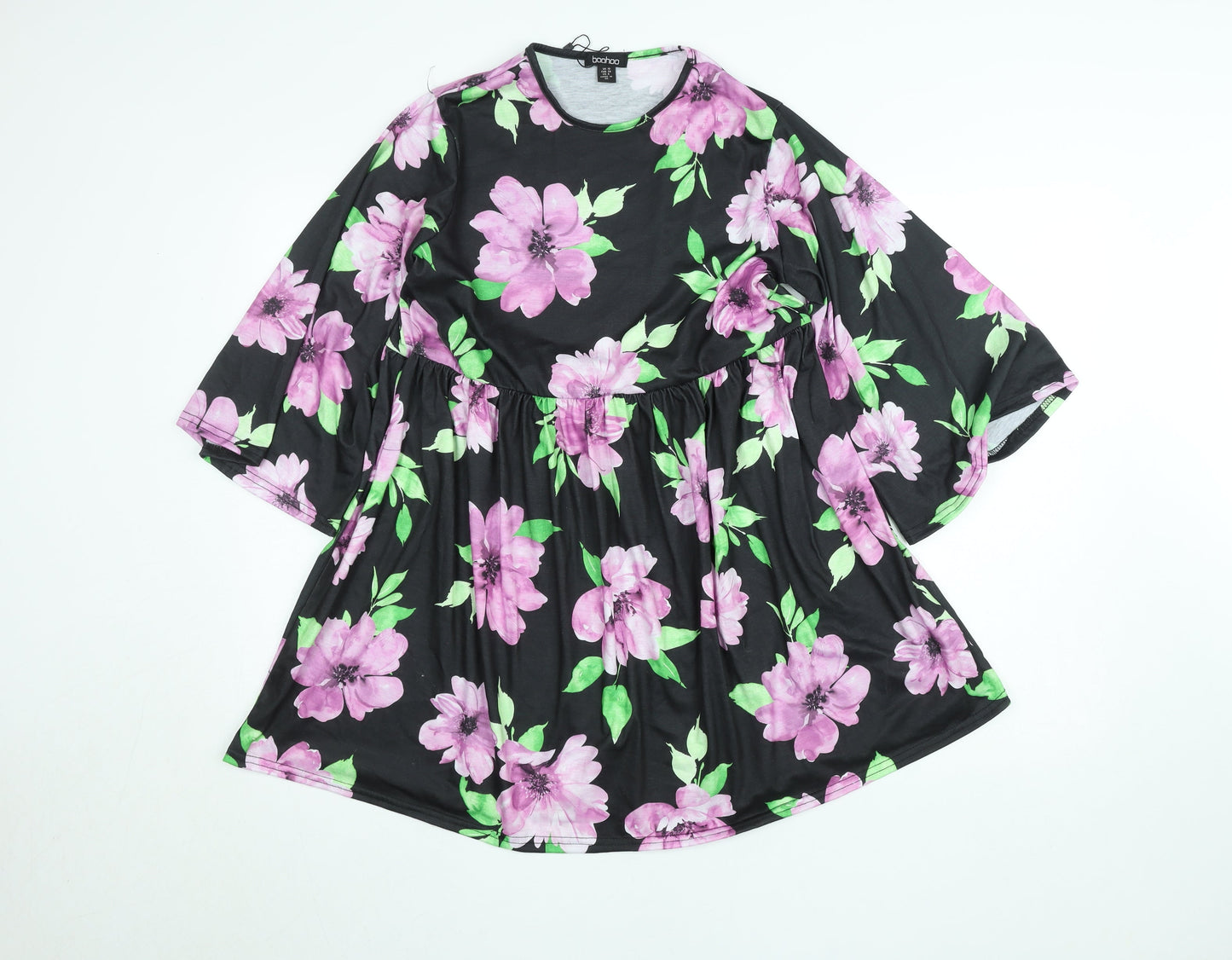 Boohoo Women’s Black Floral Skater Dress Size 10 3/4 Sleeve