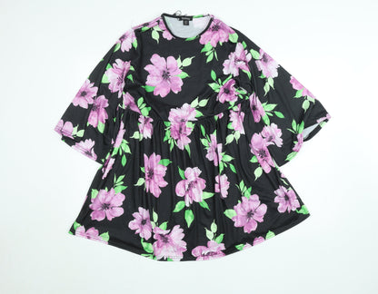 Boohoo Women’s Black Floral Skater Dress Size 10 3/4 Sleeve