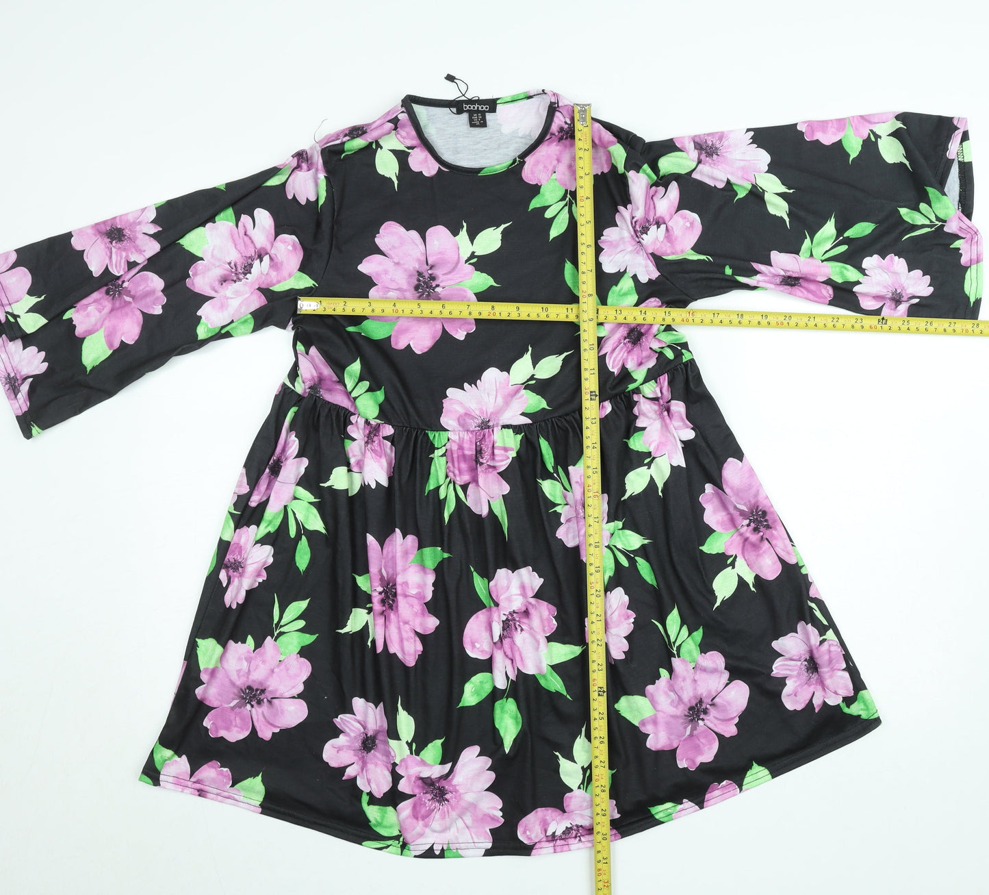 Boohoo Women’s Black Floral Skater Dress Size 10 3/4 Sleeve