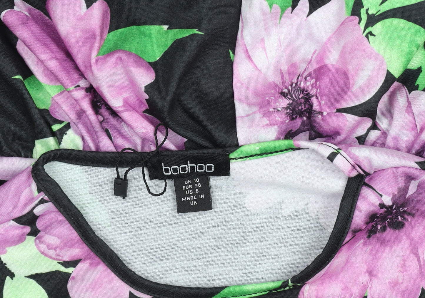 Boohoo Women’s Black Floral Skater Dress Size 10 3/4 Sleeve