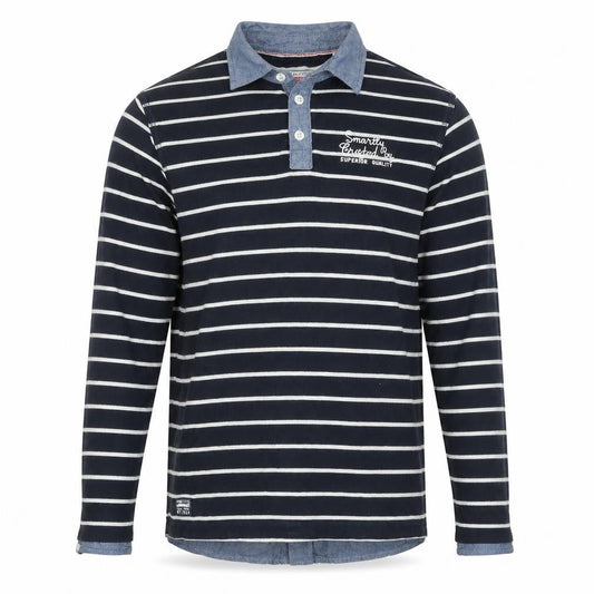 Front view of Here & There Vintage Co Navy Striped Long Sleeve Shirt men’s, size L