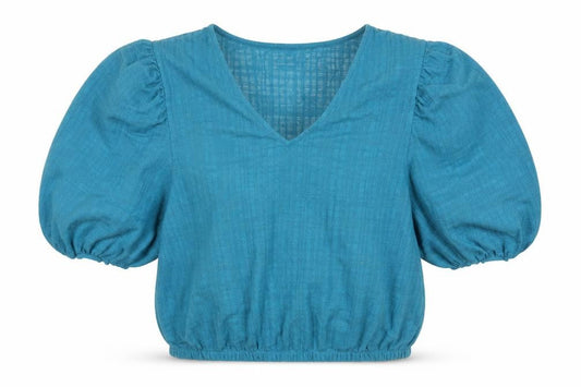 Front view of Gallery Women's Blue Cropped Puff Sleeve V-Neck Blouse, size L