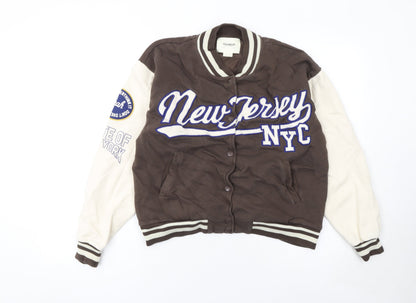Pull & Bear Women Brown Varsity Jacket Medium Cotton New Jersey NYC